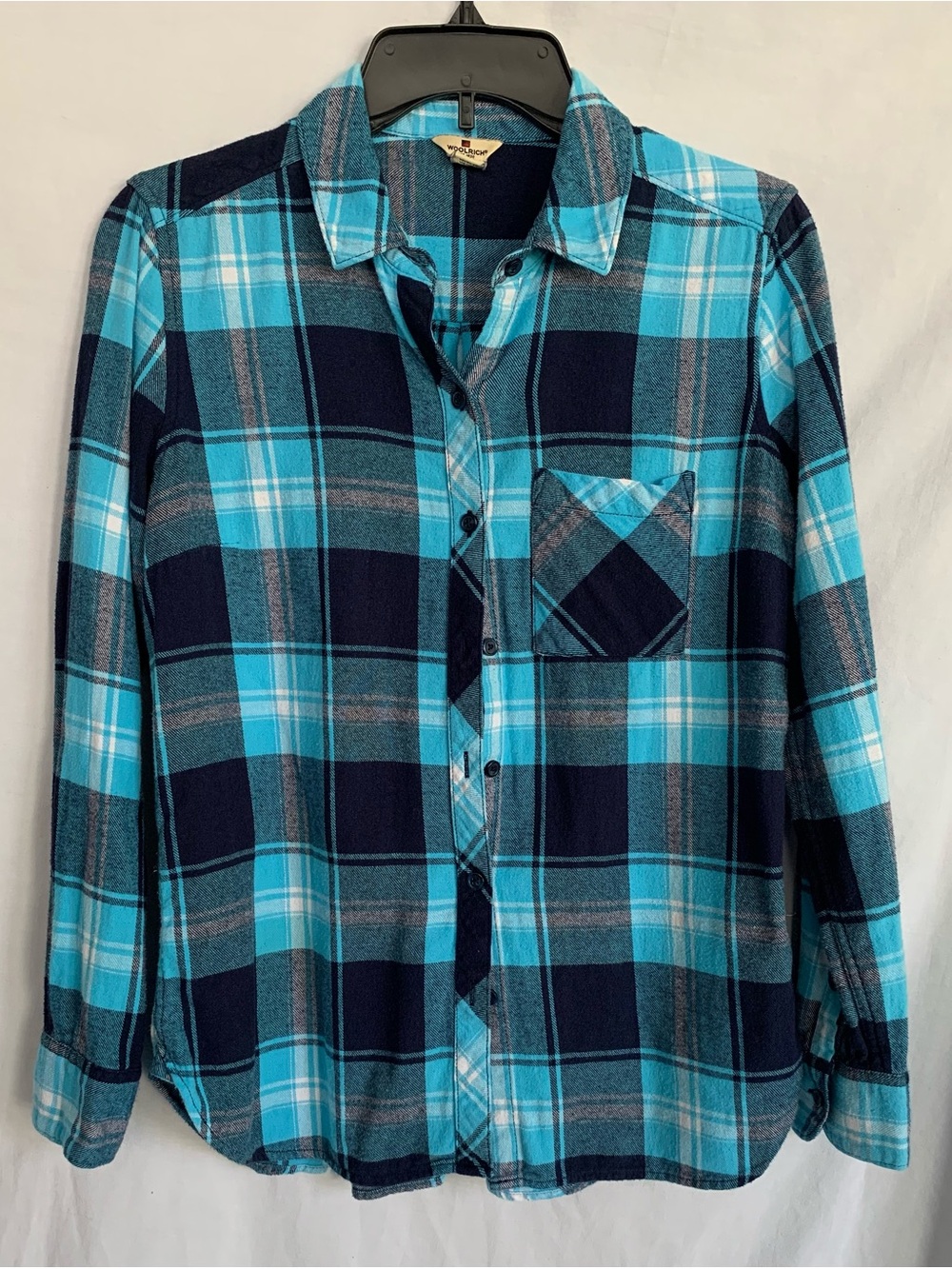Woolrich Turquoise and Navy Plaid Button-Down Flannel Shirt